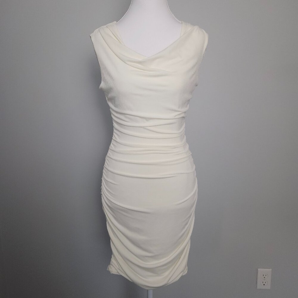 NWOT Sweet Storm M Ivory White Sleeveless Ruched Bodycon Dress Cowl Neck Medium